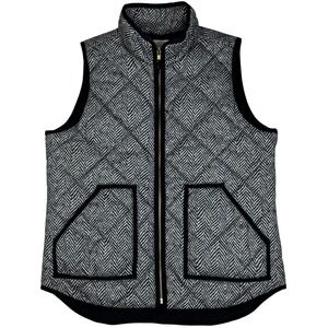J Crew Quilted Herringbone Vest Women Small Black Off-White Zip‎ Front Pockets
